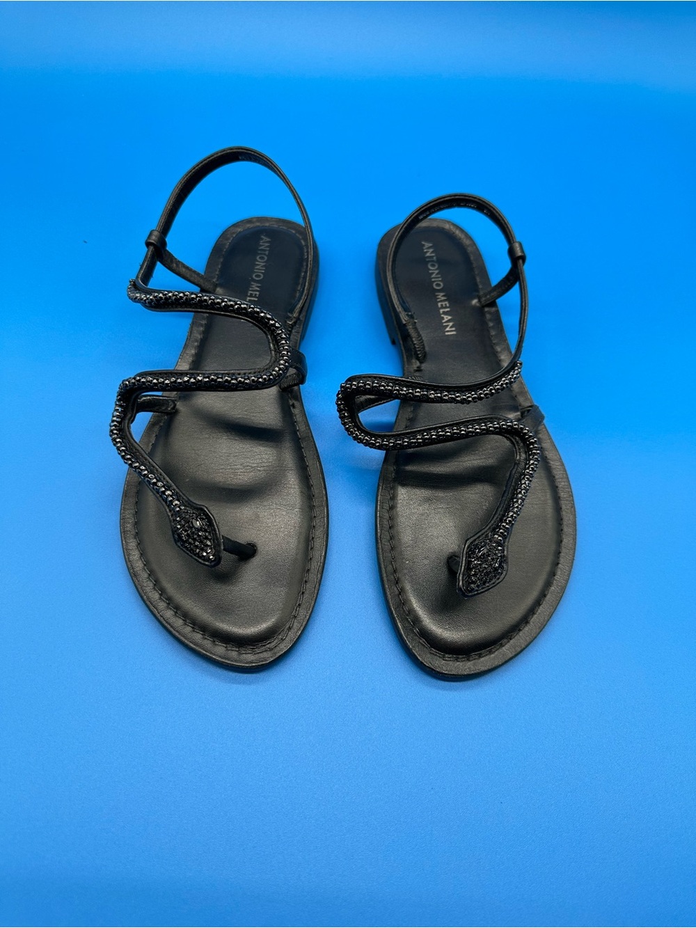 ANTONIO MELANI Black Braided Snake-Style Toe-post Slingback Sandals